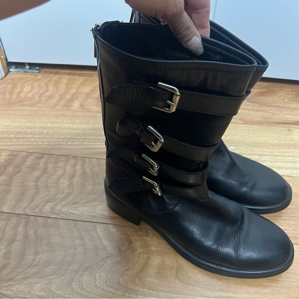 Aquatalia Black Leather Buckle Combat Boots